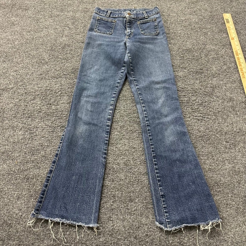 Wrangler Jeans Womens Size 24 Blue Flared High Rise Front Patch Pocket Raw Hem